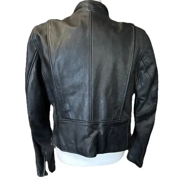Vintage Womens Black Leather Moto Jacket Fur Lined Biker 12 Vtg Zip Liner - Picture 5 of 16